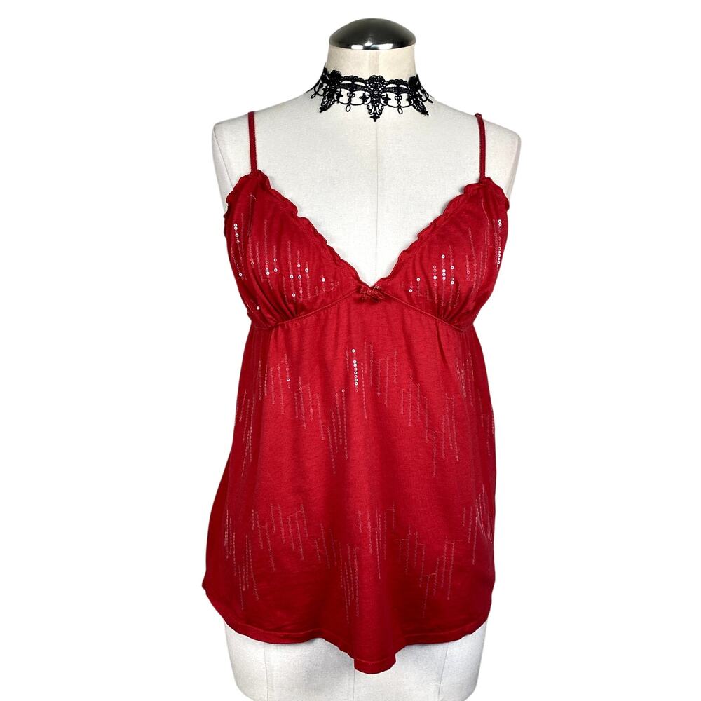 Vtg Y2K Victoria's Secret Sequin Bow Babydoll Top Red 2009 Coquette Mcbling XL